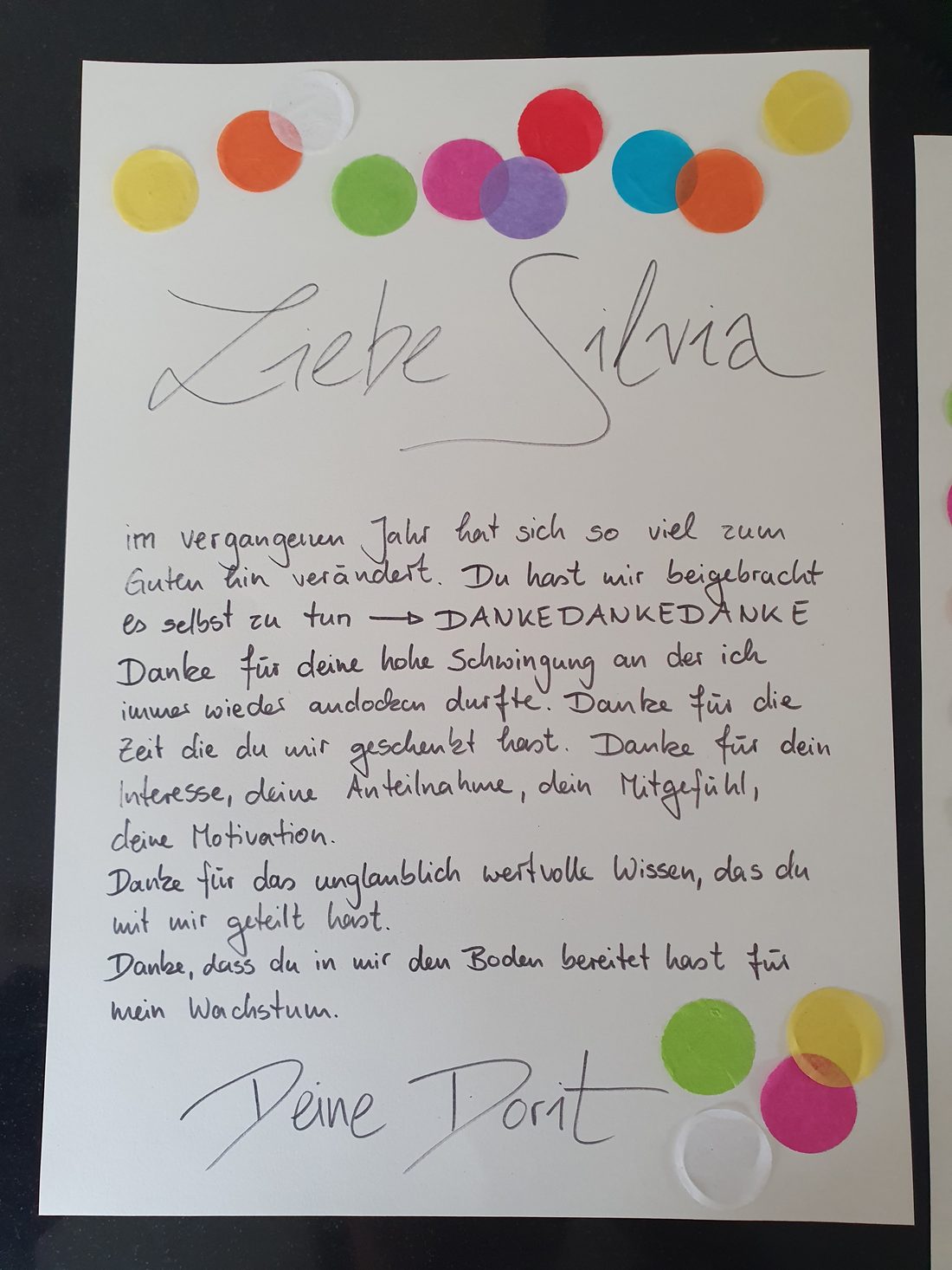 Handgeschriebene Dankeskarte einer Klientin an Silvia