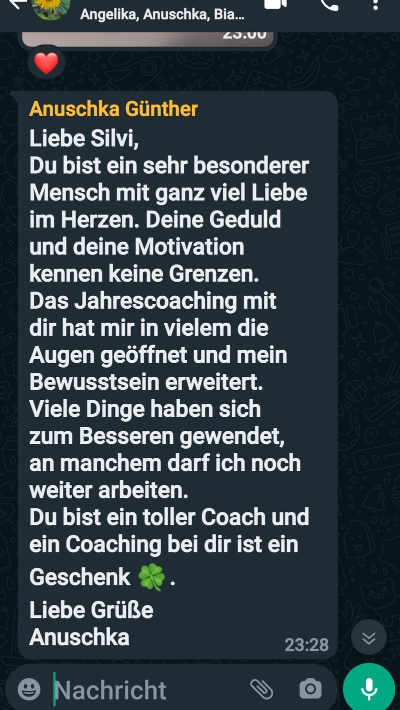 Nachricht von Anuschka: Das Jahrescoaching hat die Augen geöffnet und das Bewusstsein erweitert