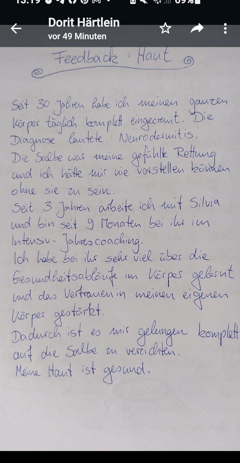 Handschriftliches Feedback von Dorit über die Arbeit an Gesundheitsthemen und das Vertrauen in den eigenen Körper
