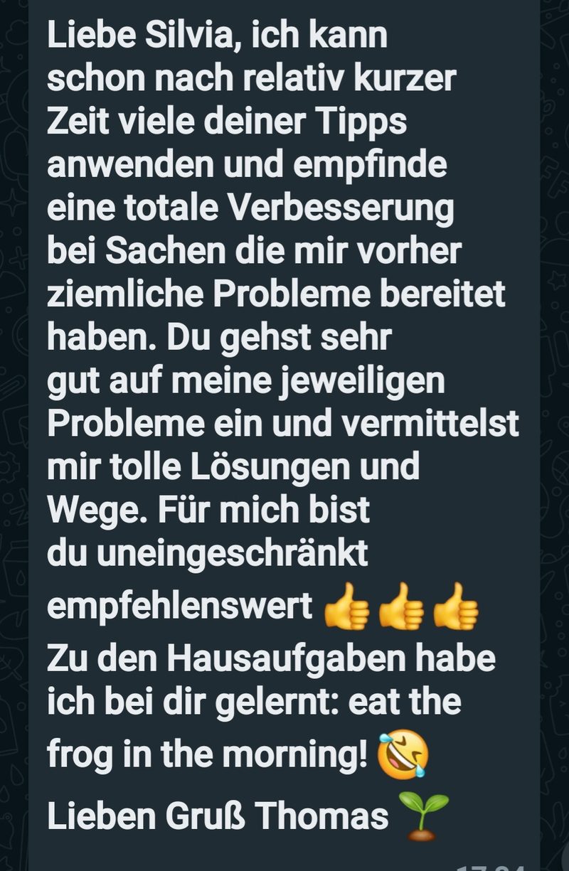 Nachricht von Thomas: totale Verbesserung nach kurzer Zeit, uneingeschränkt empfehlenswert